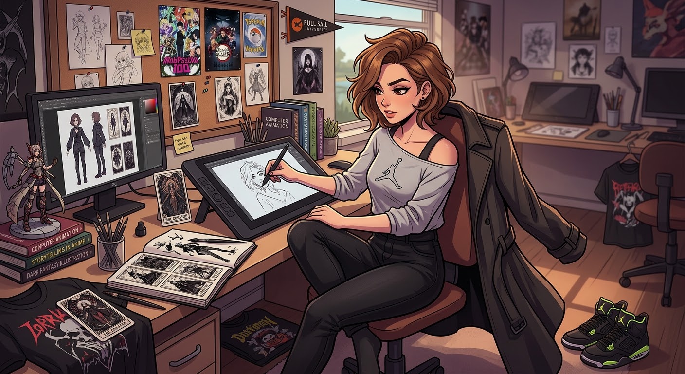 Illustration of the artist working at her studio desk surrounded by posters and books